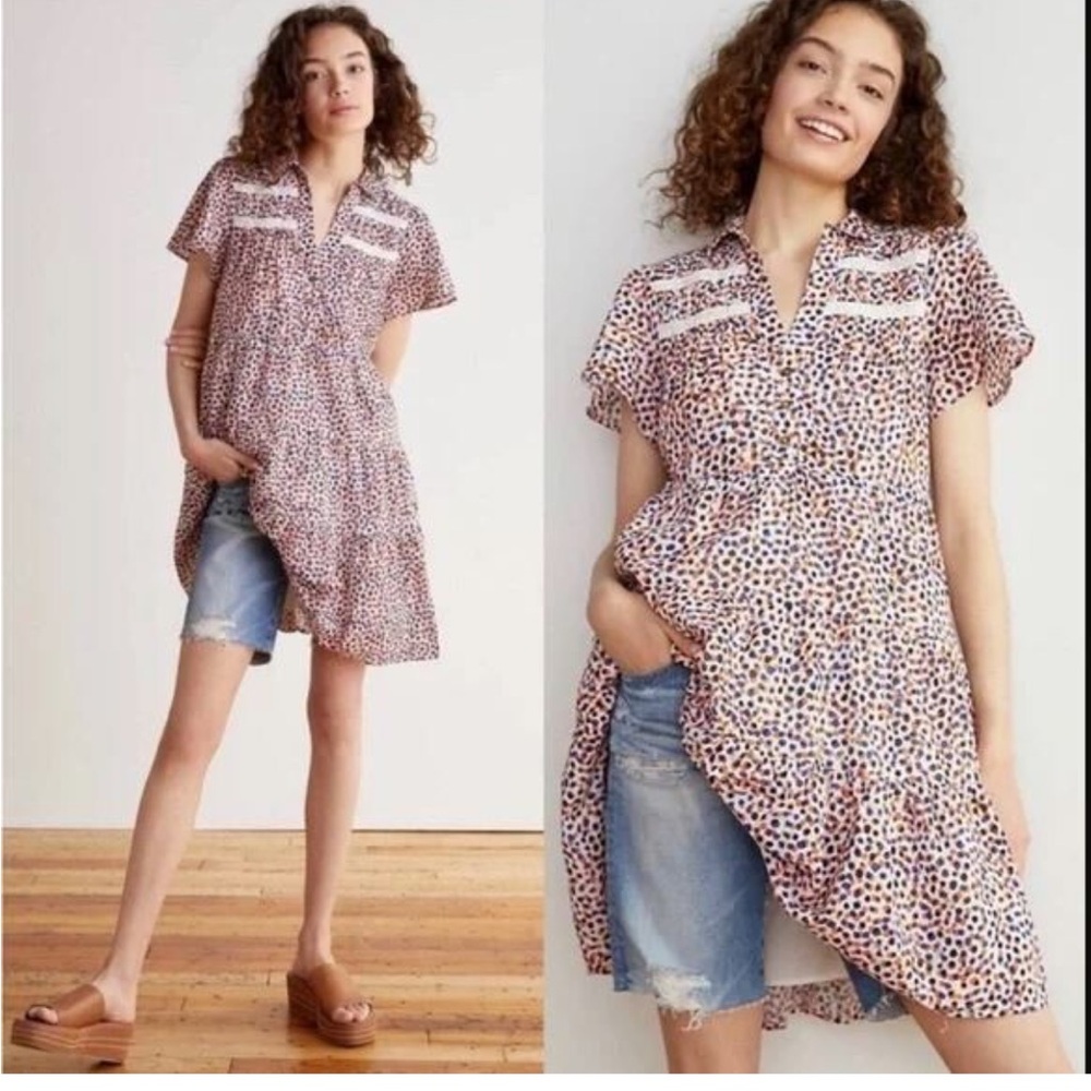 Anthropologie Georgina Polka Dot Pintucked Tiered Lace Button Shirtdress - sz XS
